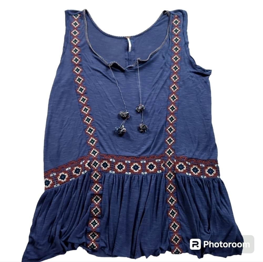 Free People Moonlight Mile Blue Aztec Embroidered Tassel Tunic Top sz L - Picture 4 of 7